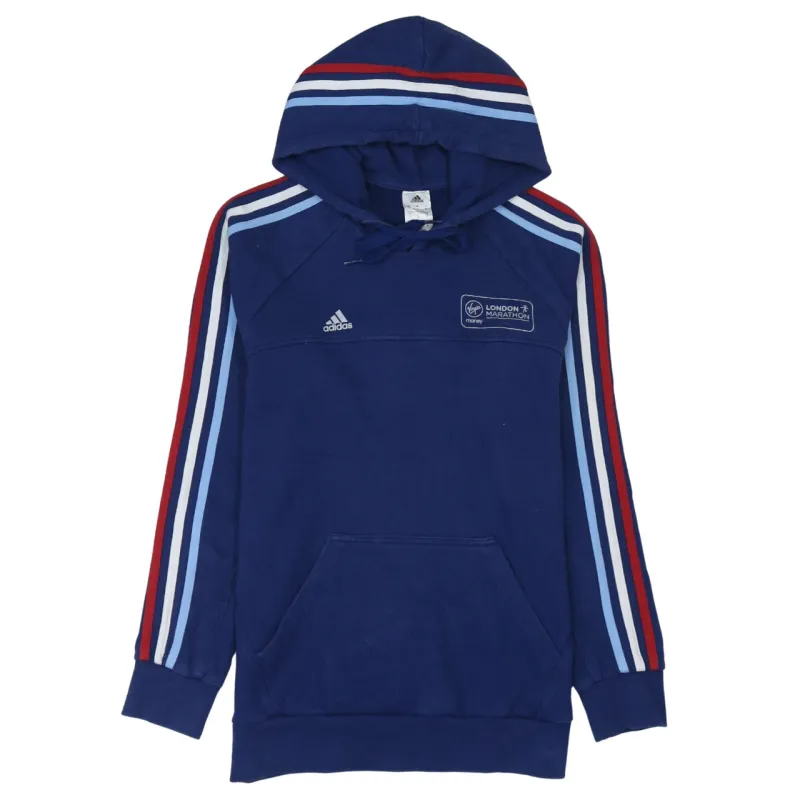 Adidas 90's Striped Sleeve Pullover Hoodie Small Navy Blue sold by Vintage Club