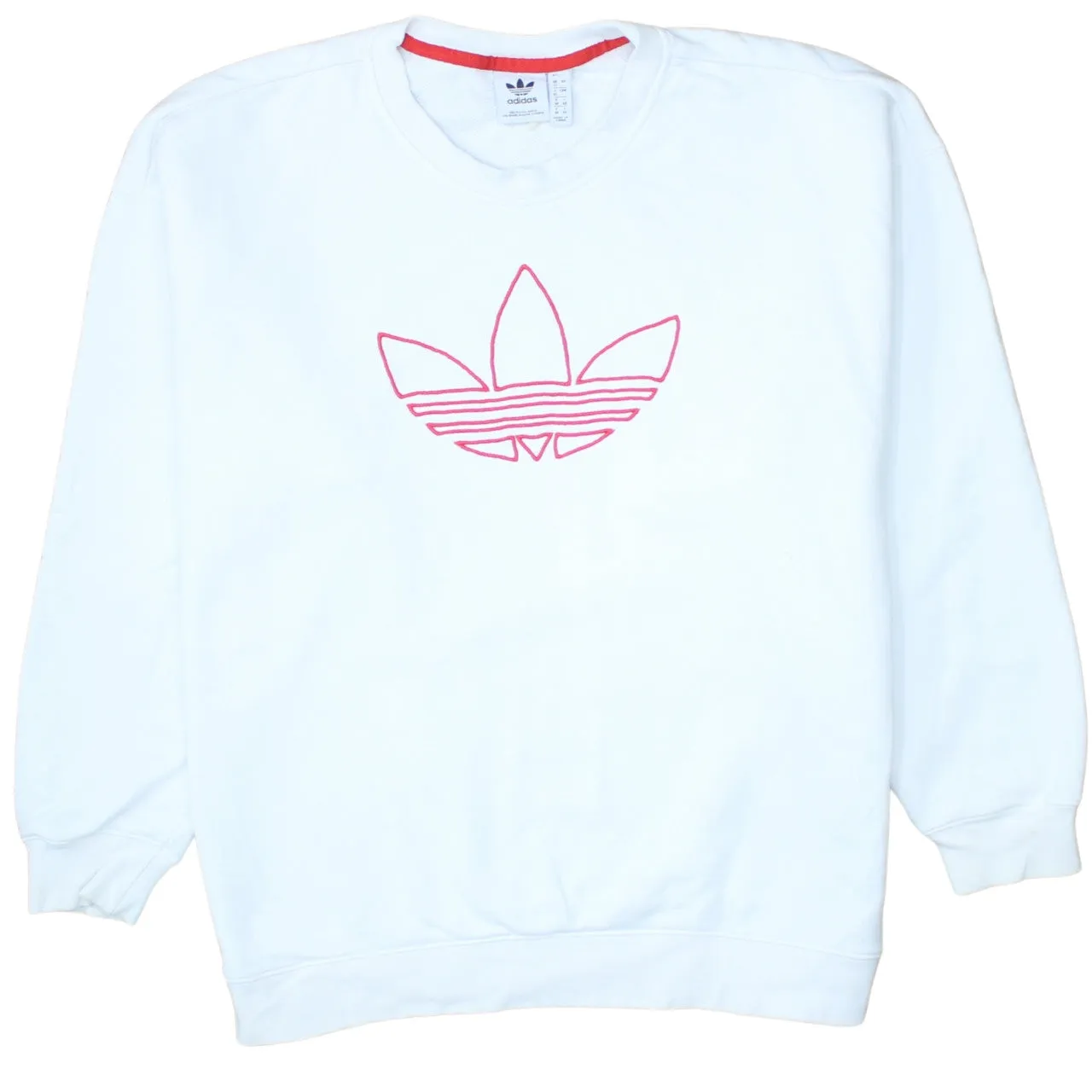Adidas White Sweatshirt Women's Large Pink Trefoil Embroidered Logo Crewneck Pullover Top sold by Vintage Club