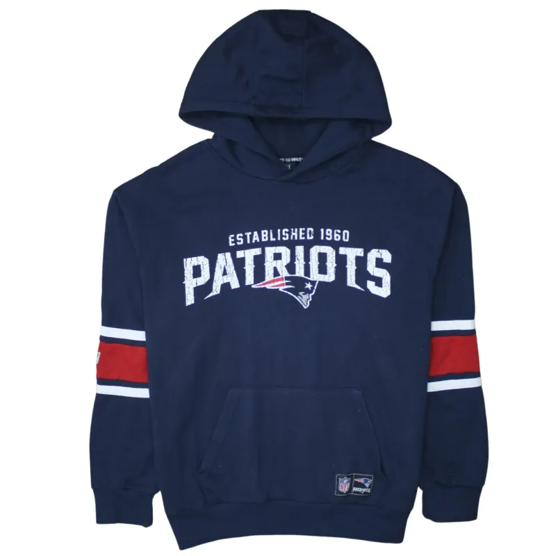 NFL Navy Blue Hoodie Men's Large Patriots Printed Logo Stripe Sleeves Pullover Sweatshirt sold by Vintage Club