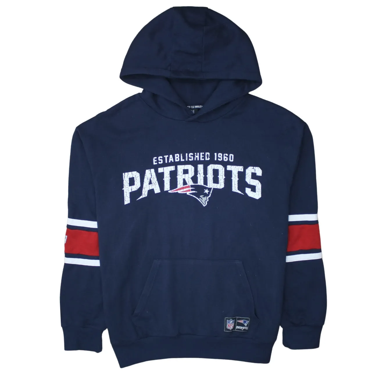 NFL Navy Blue Hoodie Men's Large Patriots Printed Logo Stripe Sleeves Pullover Sweatshirt sold by Vintage Club