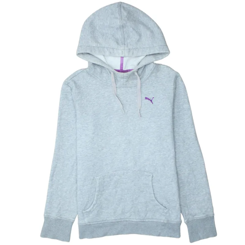 Puma Grey Hoodie Men's Medium Embroidered Purple Logo Drawstring Pullover Sweatshirt made by Puma