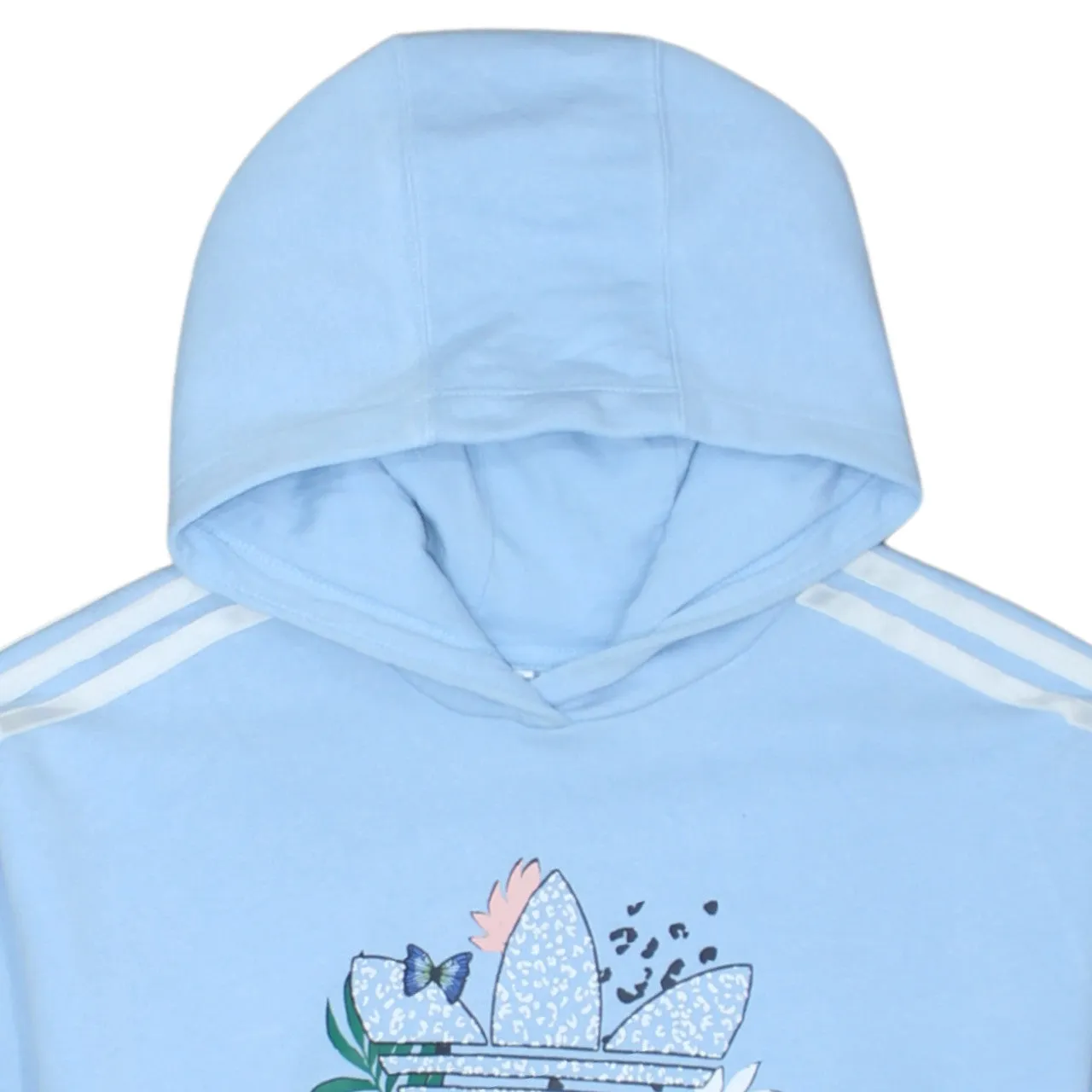 Adidas Light Blue Hoodie Women’s Large Trefoil Floral Printed Logo Three Stripe Pullover Sweatshirt sold by Vintage Club product image thumbnail 3