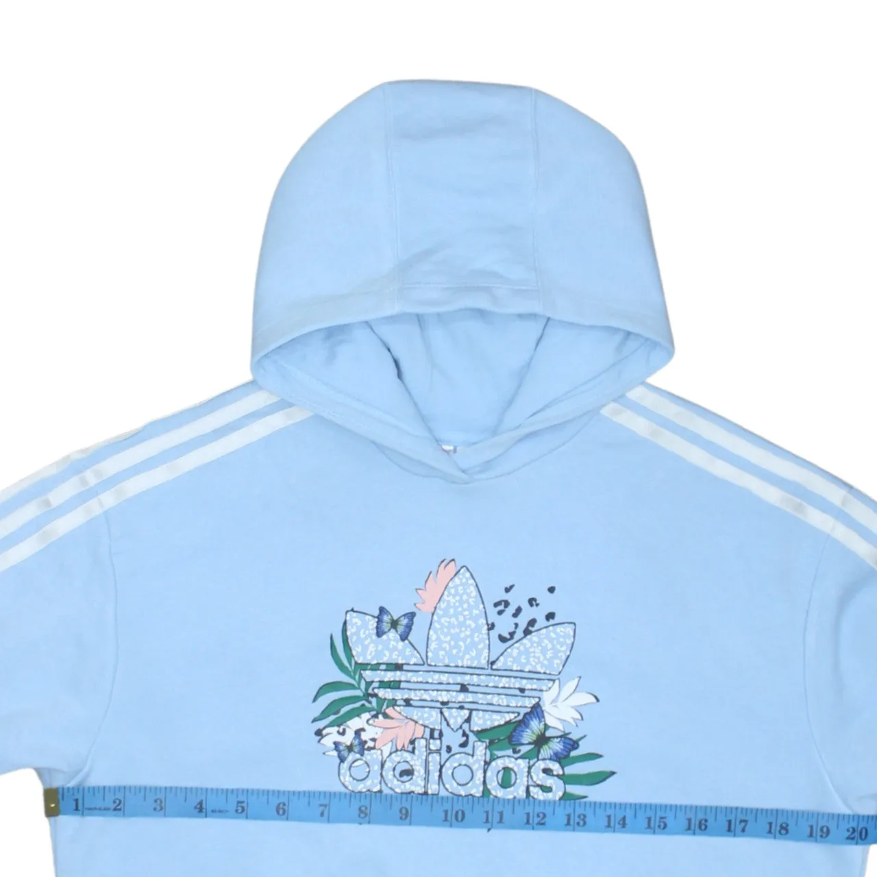 Adidas Light Blue Hoodie Women’s Large Trefoil Floral Printed Logo Three Stripe Pullover Sweatshirt sold by Vintage Club product image thumbnail 5