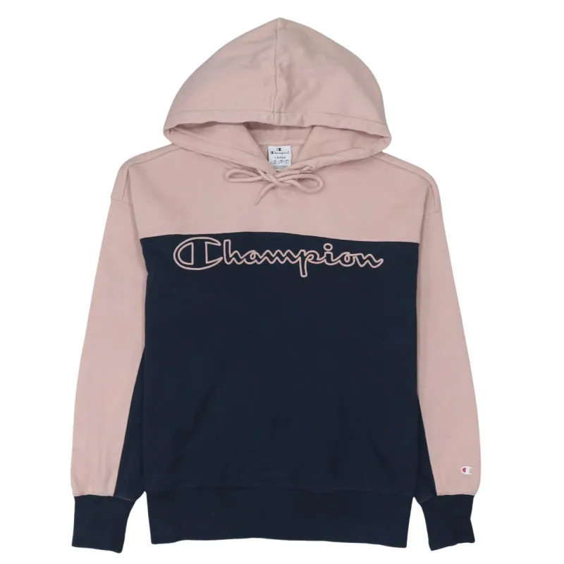 Champion Pink Navy Hoodie Women’s Large Embroidered Script Logo Colour Block Pullover Sweatshirt made by Vintage Club