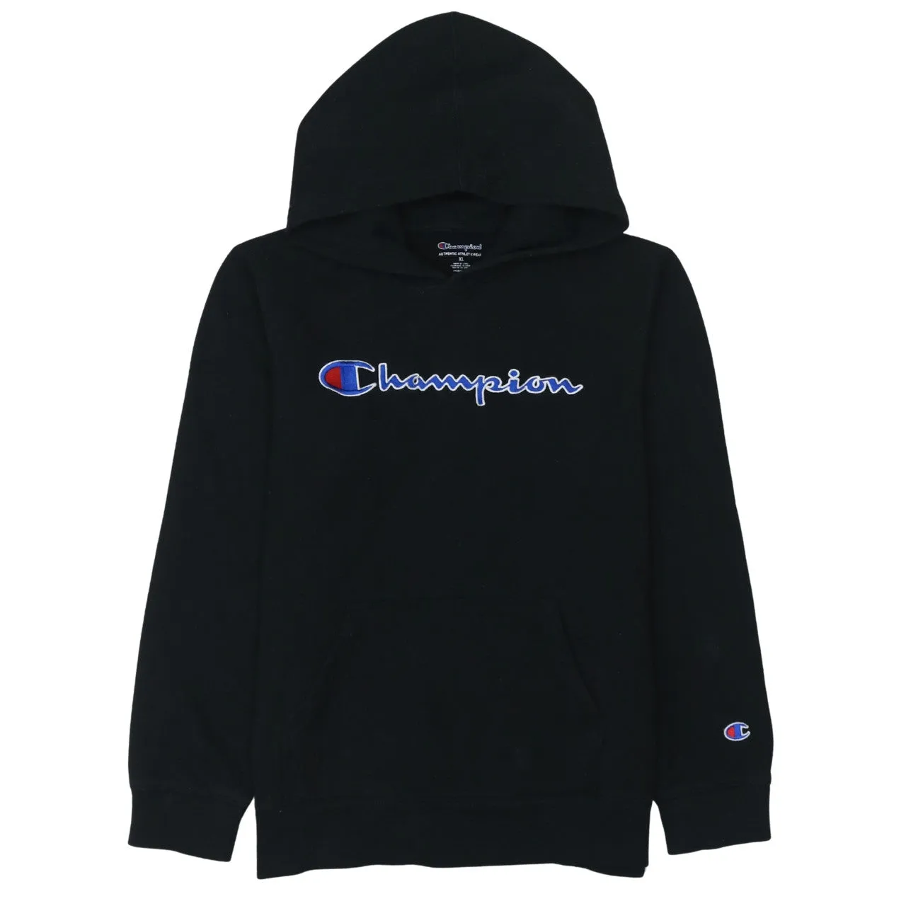 Champion Black Hoodie Women’s XLarge Embroidered Script Logo Front Pocket Fleece Sweatshirt sold by Vintage Club