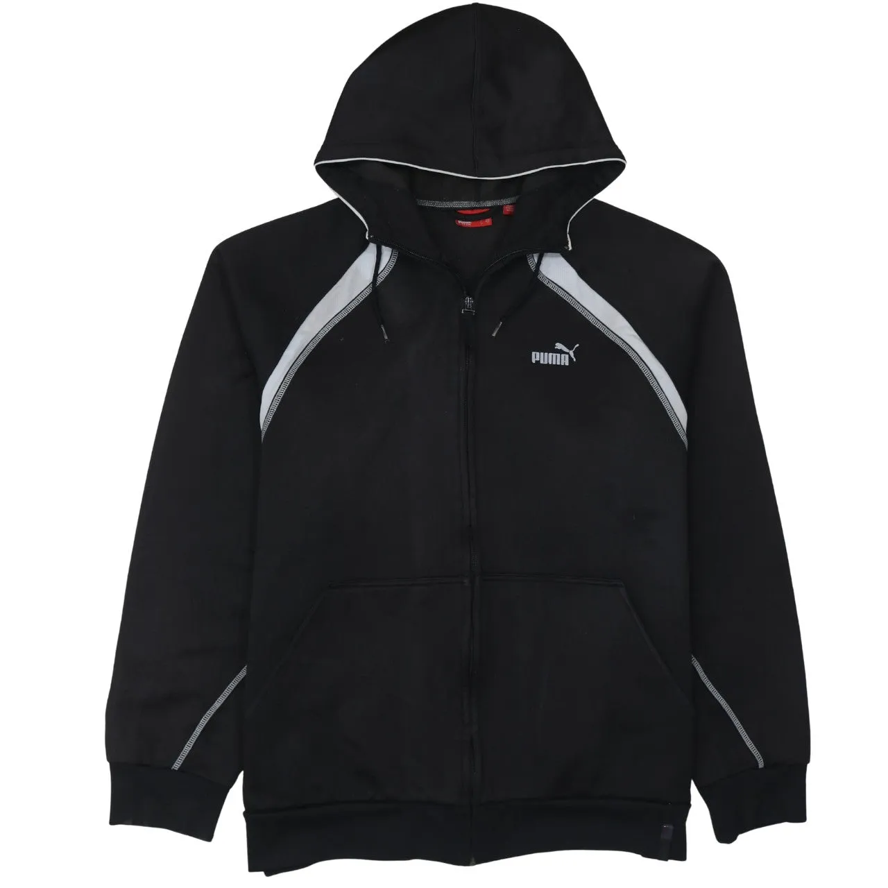 Puma Black Zip Hoodie Women's XLarge Embroidered Logo Contrast Panels Fleece Sweatshirt sold by Vintage Club