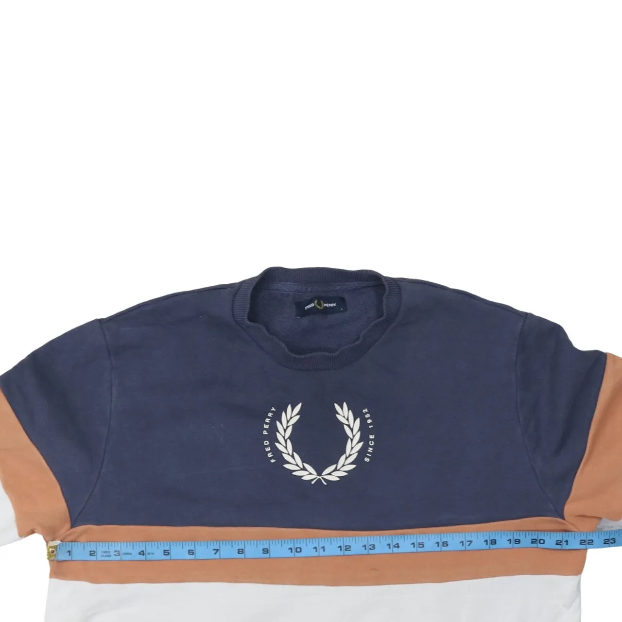 Fred Perry Navy White Sweatshirt Women’s Large Colour Block Printed Laurel Crewneck Pullover sold by Vintage Club product image thumbnail 5