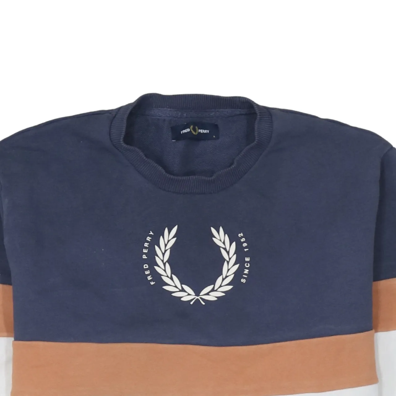 Fred Perry Navy White Sweatshirt Women’s Large Colour Block Printed Laurel Crewneck Pullover sold by Vintage Club product image thumbnail 3