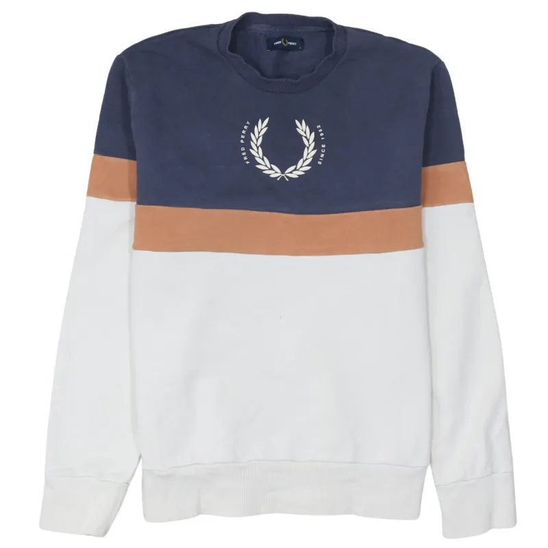 Fred Perry Navy White Sweatshirt Women’s Large Colour Block Printed Laurel Crewneck Pullover made by Fred Perry