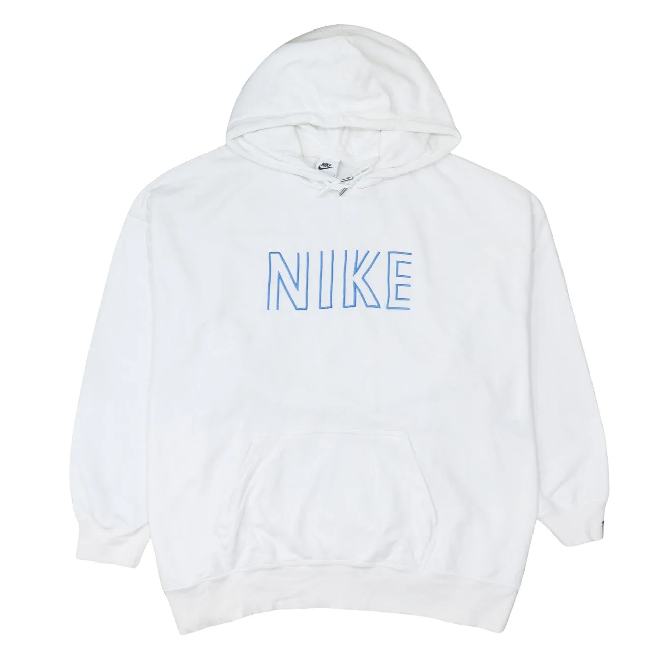 Nike White Hoodie Men's Medium Blue Outline Logo Front Pocket Pullover Sweatshirt sold by Vintage Club