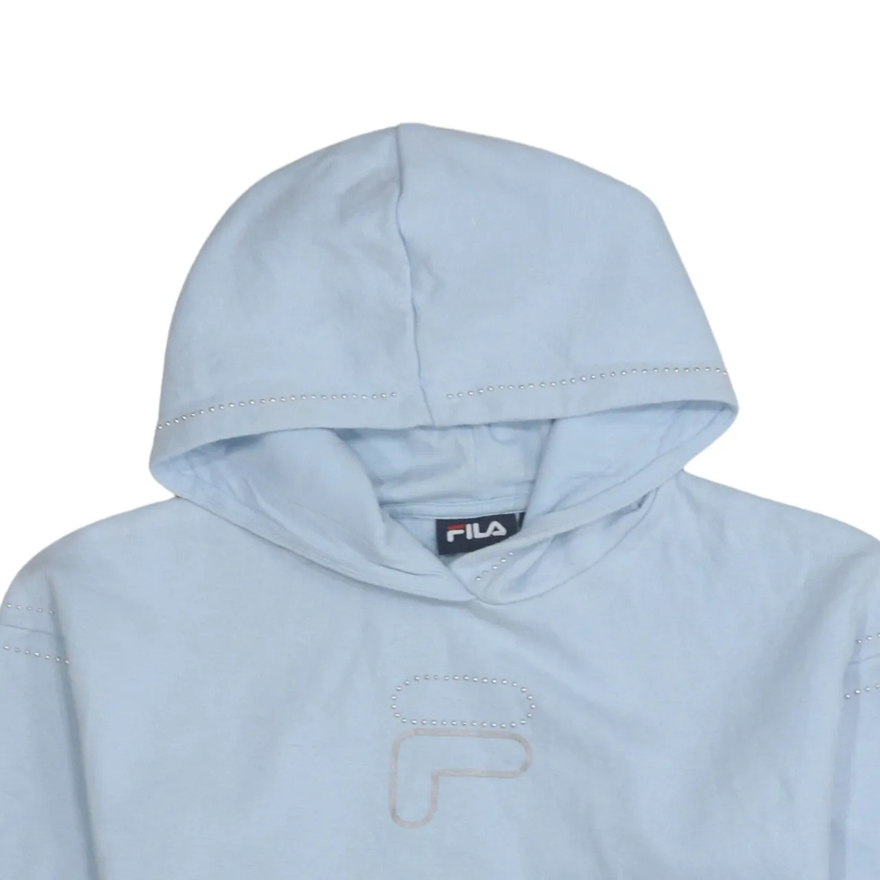 Fila Light Blue Hoodie Men's Small Rhinestone Logo Pullover Ribbed Hem Cuffs Sweatshirt sold by Vintage Club product image thumbnail 3