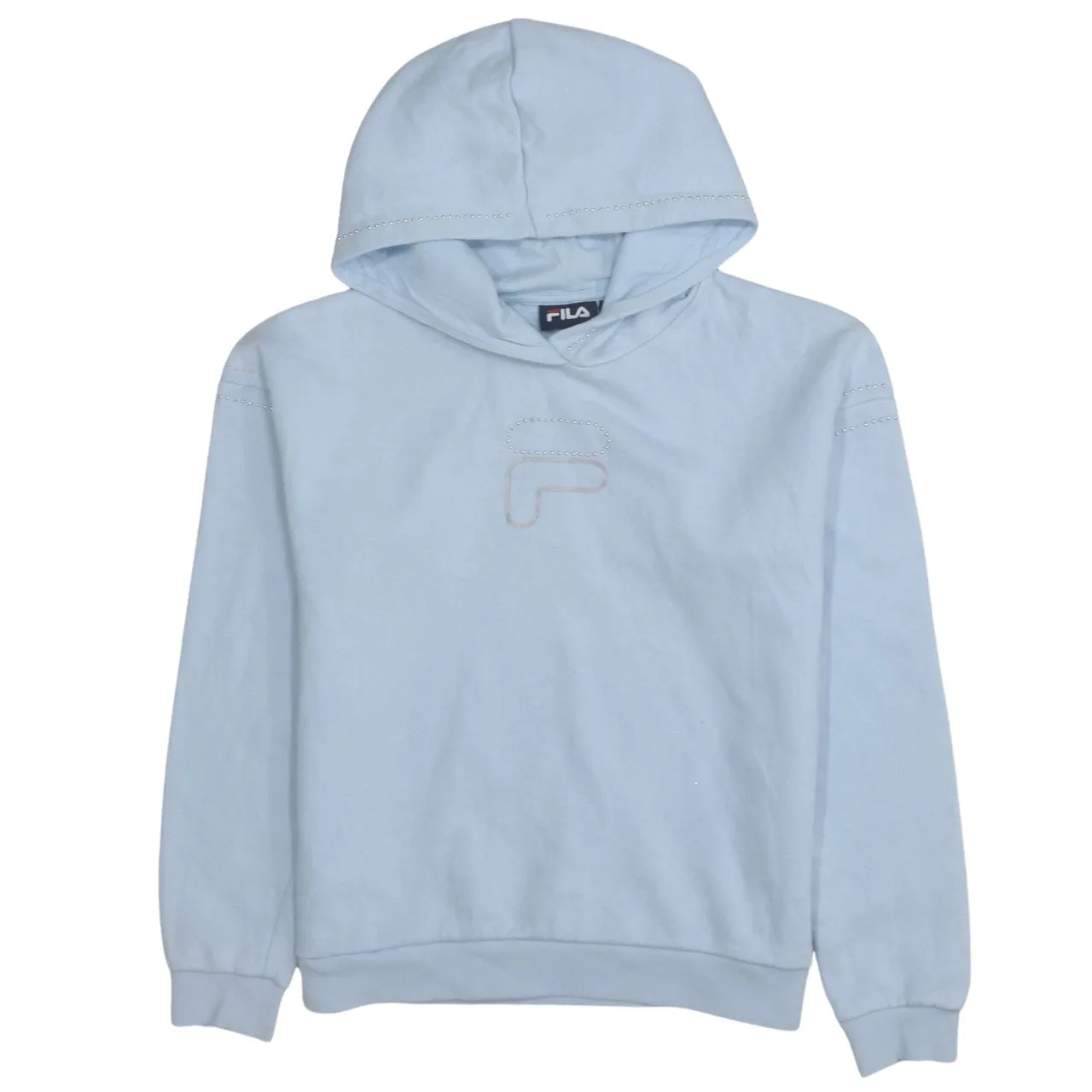 Fila Light Blue Hoodie Men's Small Rhinestone Logo Pullover Ribbed Hem Cuffs Sweatshirt sold by Vintage Club