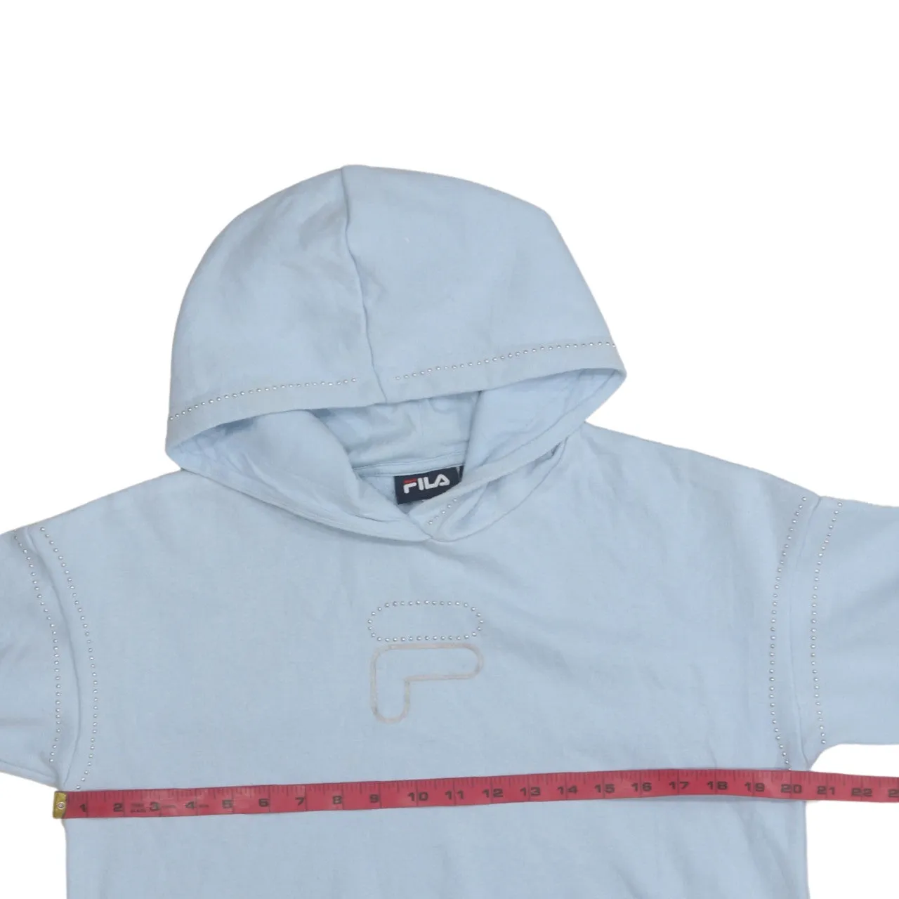 Fila Light Blue Hoodie Men's Small Rhinestone Logo Pullover Ribbed Hem Cuffs Sweatshirt sold by Vintage Club product image thumbnail 5