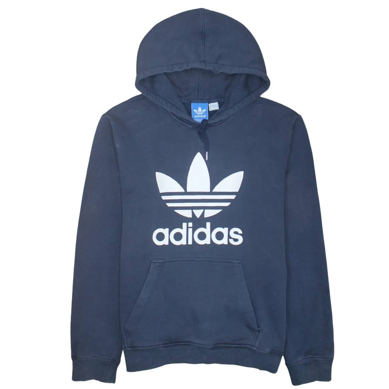 Adidas Navy Blue Hoodie Women’s Large Trefoil Printed Logo Front Pocket Pullover Sweatshirt sold by Vintage Club