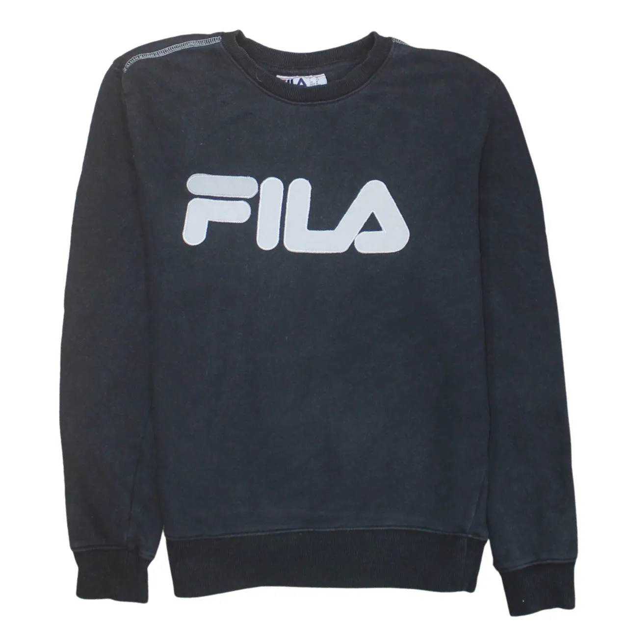 Fila Black Sweatshirt Women's Medium Printed Big Logo Crewneck Pullover Fleece Top sold by Vintage Club