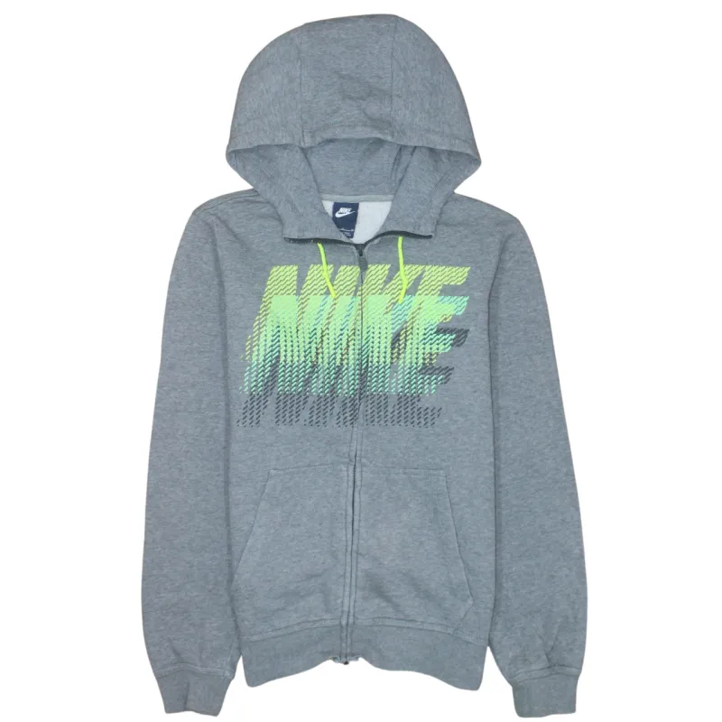 Nike Grey Full Zip Hoodie Men's Small Printed Neon Logo Drawstring Pockets Sweatshirt made by Nike
