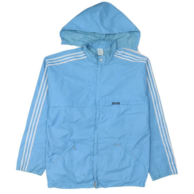 Adidas Light Blue Hooded Windbreaker Jacket Men's Large Three Stripe Zip Pockets Track Top made by Adidas