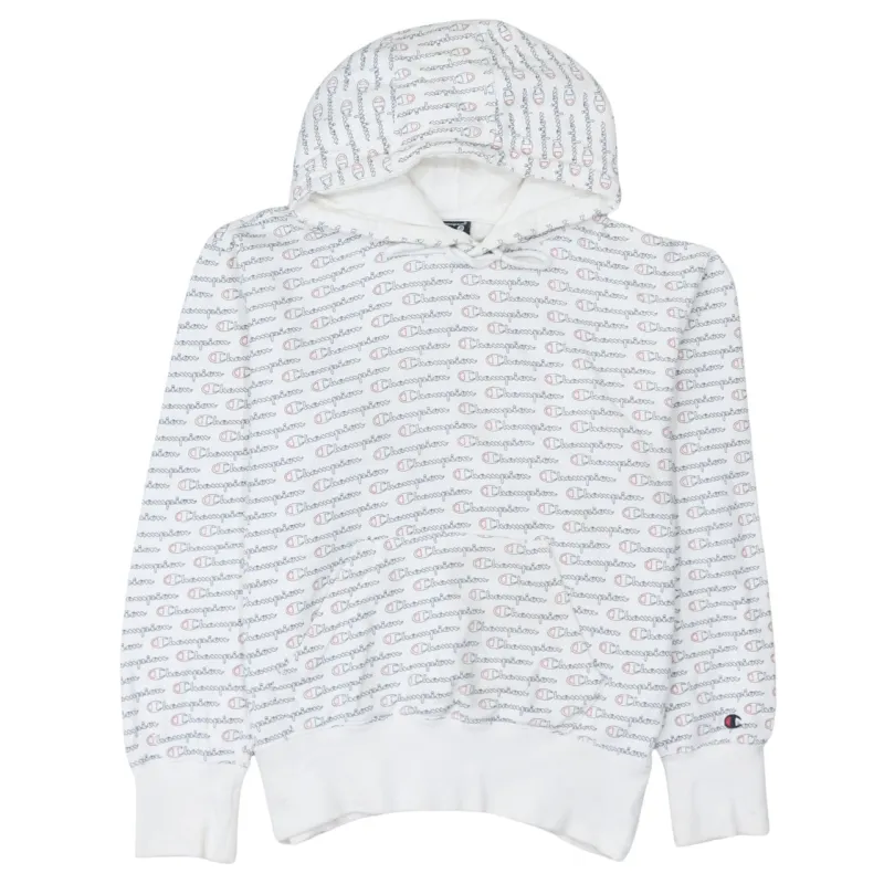 Champion White All Over Logo Hoodie Men's Small Embroidered C Cuff Pullover Sweatshirt made by Champion