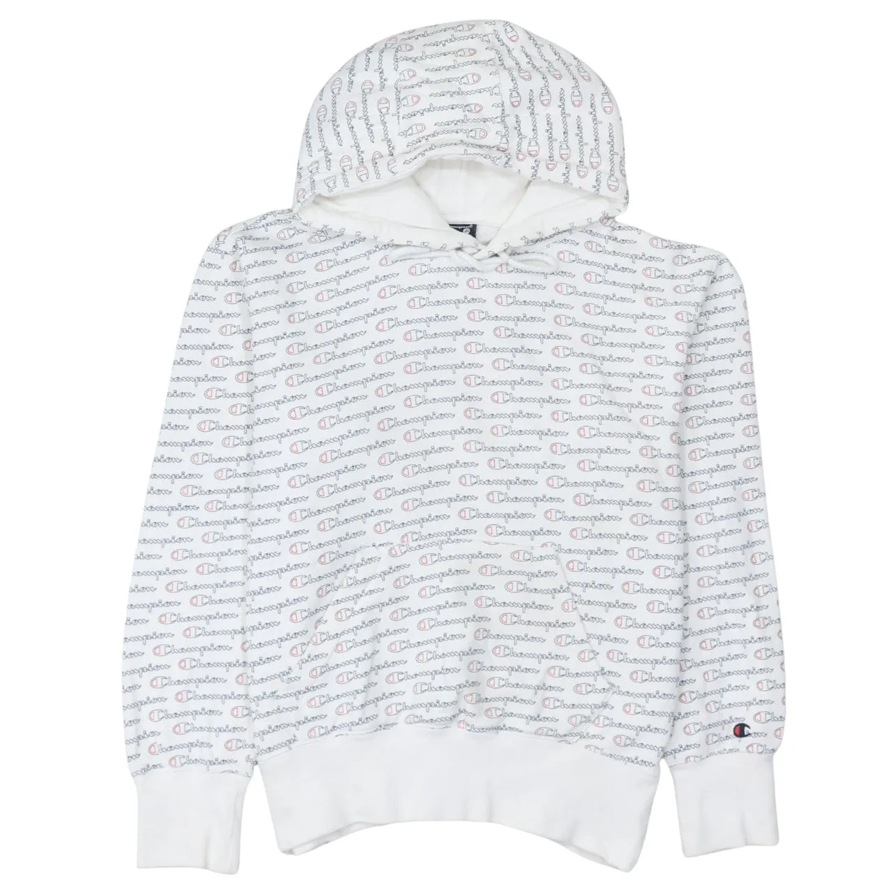 Champion White All Over Logo Hoodie Men's Small Embroidered C Cuff Pullover Sweatshirt sold by Vintage Club