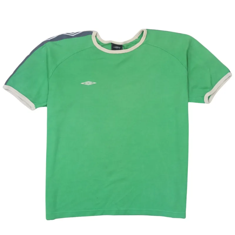 Umbro Green T Shirt Men's Large Contrast Trim Shoulder Tape Printed Logos Football Top sold by Vintage Club