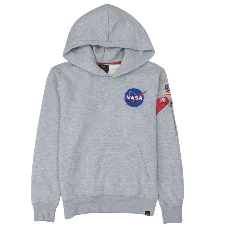 Alpha Industries Grey Hoodie Men's Small NASA Printed Logo Flag Sleeve Pocket Sweatshirt made by Alpha Industries