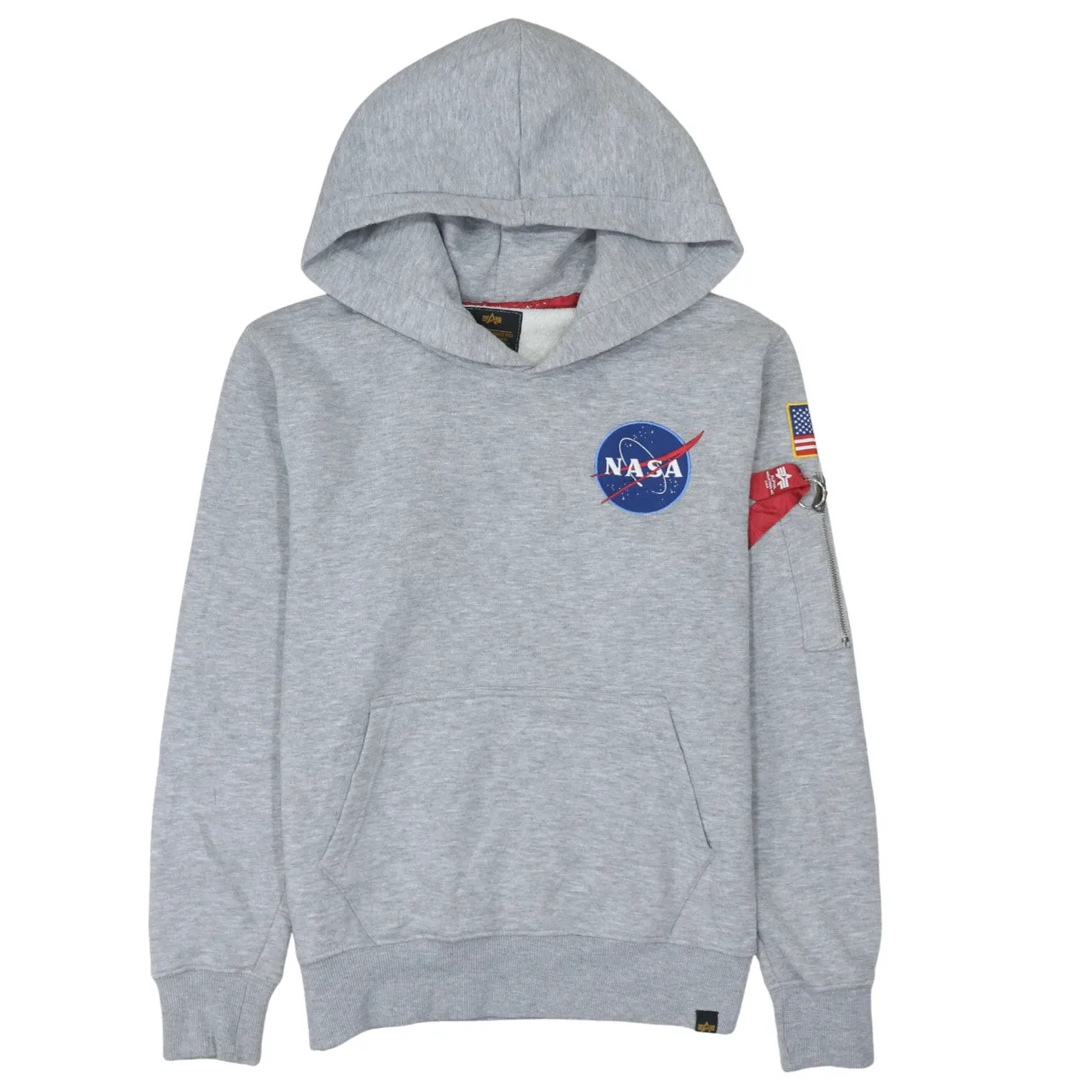 Alpha Industries Grey Hoodie Men's Small NASA Printed Logo Flag Sleeve Pocket Sweatshirt sold by Vintage Club
