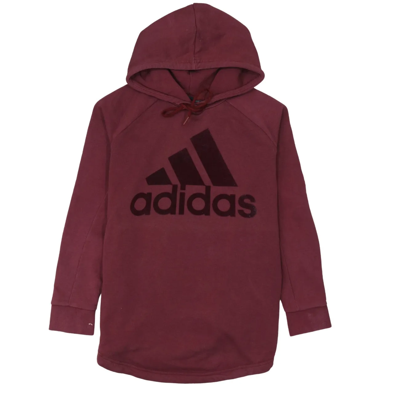 Adidas Burgundy Red Hoodie Women’s Large Printed Badge Logo Longline Pullover Sweatshirt sold by Vintage Club
