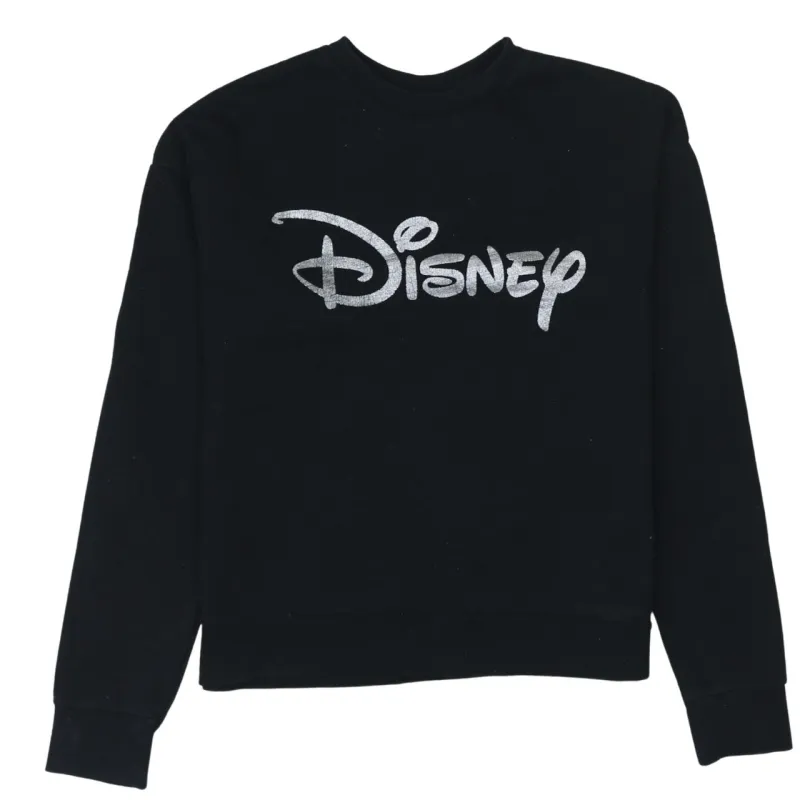 Disney Black Sweatshirt Women’s XSmall Silver Printed Logo Crewneck Pullover Jumper Top made by Disney