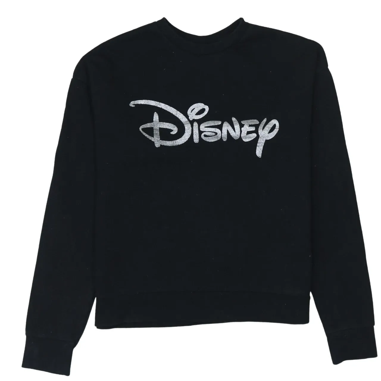 Disney Black Sweatshirt Women’s XSmall Silver Printed Logo Crewneck Pullover Jumper Top sold by Vintage Club