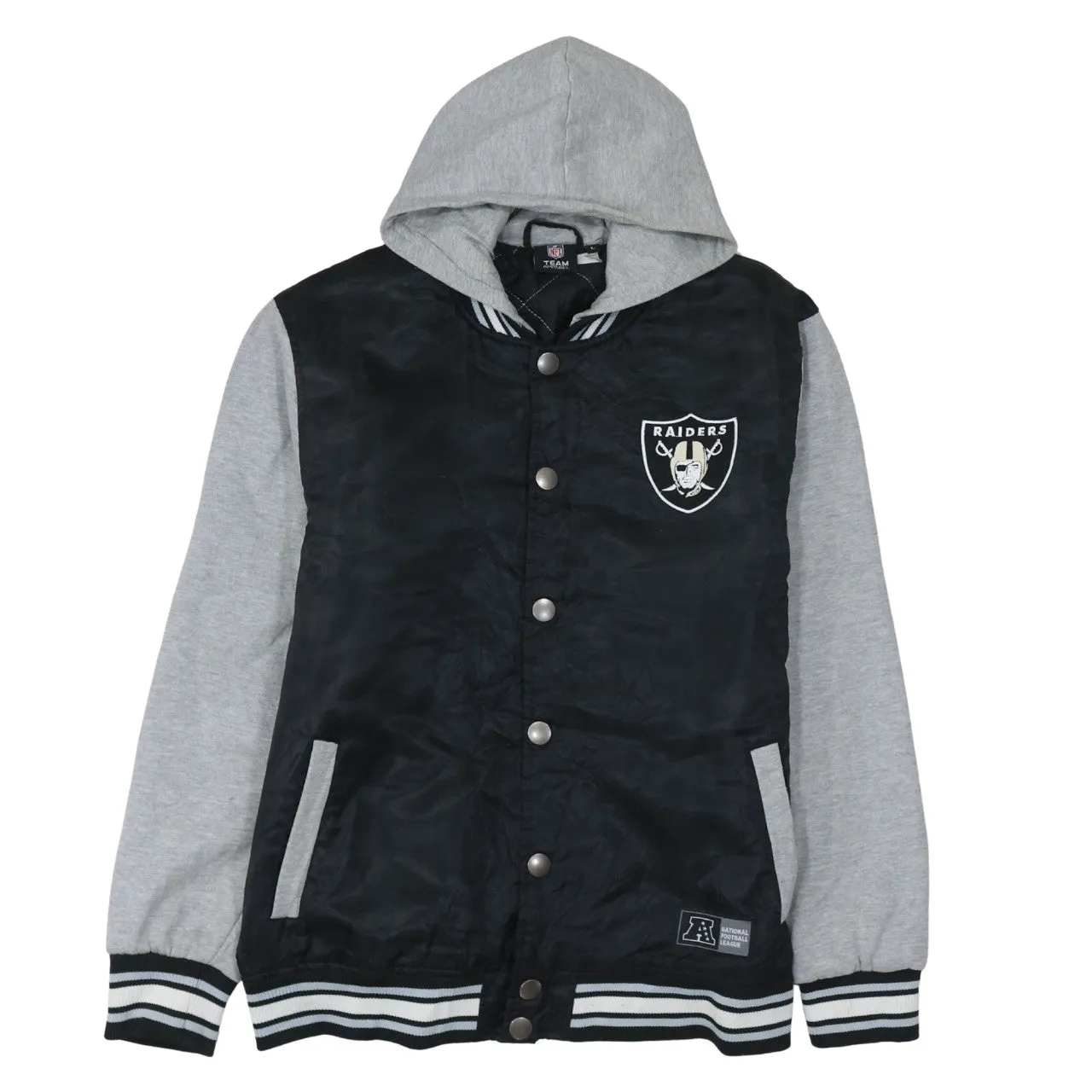 NFL Black Grey Raiders Hoodie Women's Large Embroidered Logo Snap Varsity Jacket sold by Vintage Club