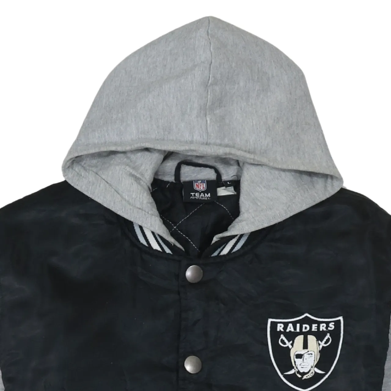 NFL Black Grey Raiders Hoodie Women's Large Embroidered Logo Snap Varsity Jacket sold by Vintage Club product image thumbnail 3