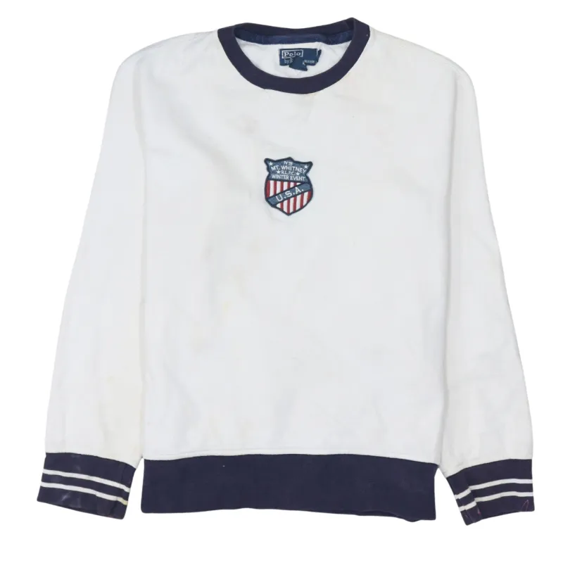 Polo Ralph Lauren White Sweatshirt Men's Large Embroidered Crest Navy Trim Pullover Top made by Polo by Ralph Lauren