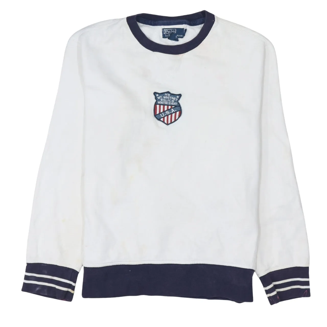 Polo Ralph Lauren White Sweatshirt Men's Large Embroidered Crest Navy Trim Pullover Top sold by Vintage Club