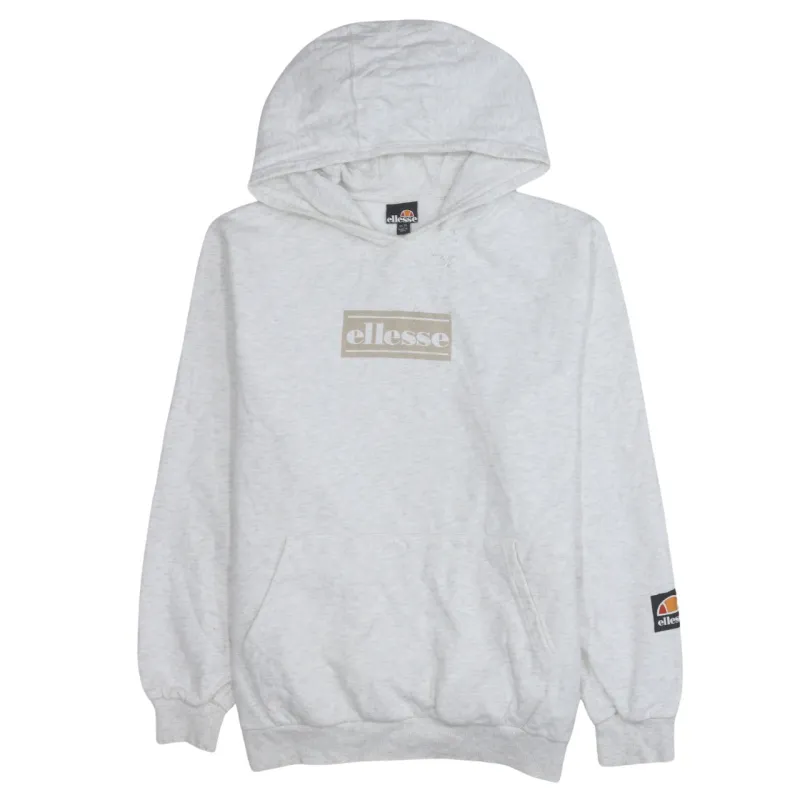 Ellesse Light Grey Hoodie Women's UK 14 Printed Logo Front Pouch Ribbed Hem Sweatshirt sold by Vintage Club