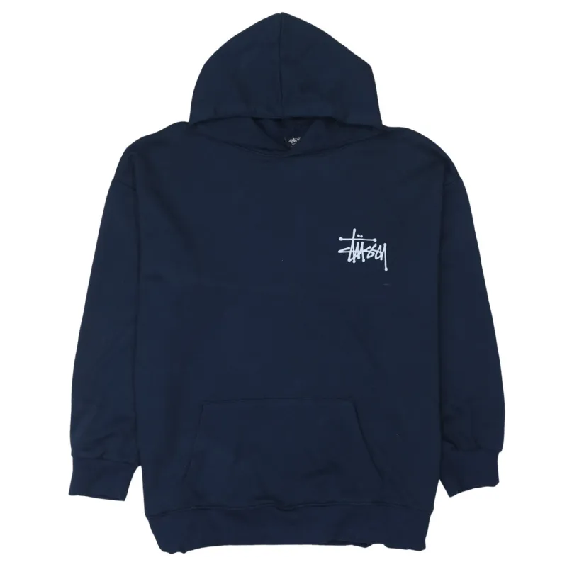 Stussy Navy Blue Hoodie Women’s XLarge Printed Logo Front Back Pullover Sweatshirt made by Stussy