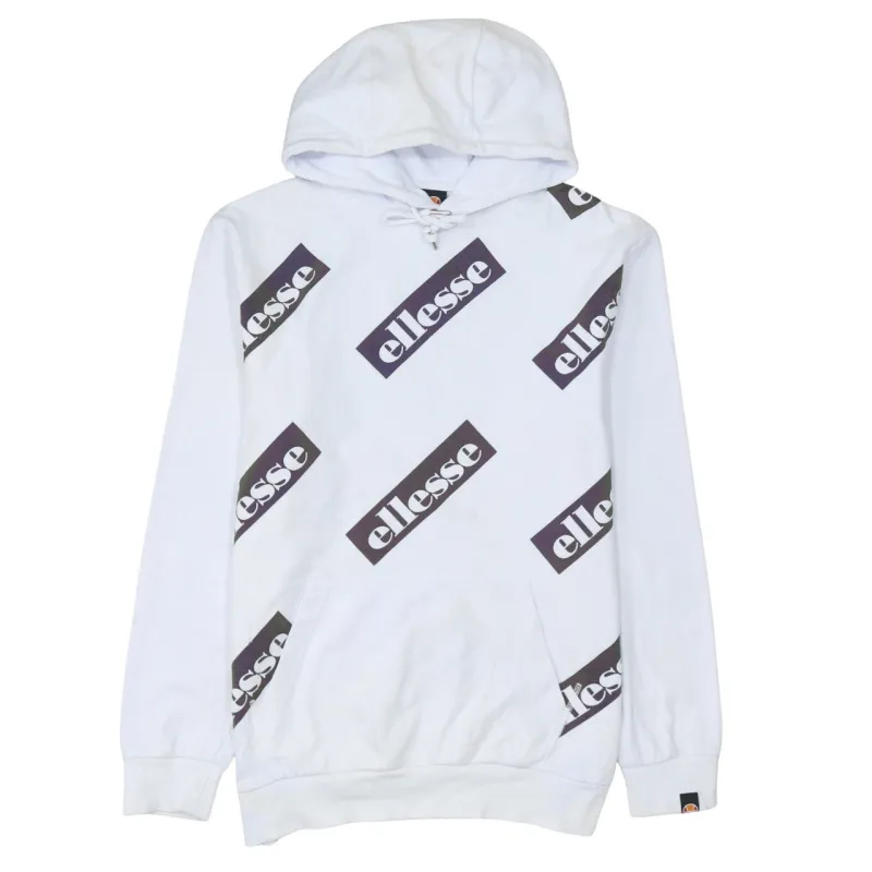 Ellesse White Hoodie Men’s Medium All Over Logo Print Drawstring Hood Front Pocket Sweatshirt made by Ellesse