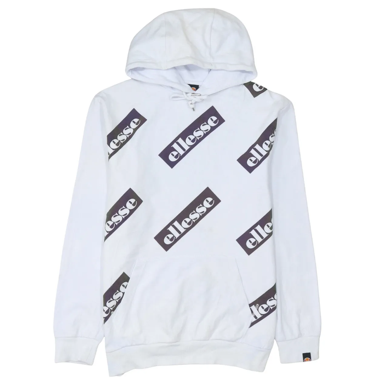 Ellesse White Hoodie Men’s Medium All Over Logo Print Drawstring Hood Front Pocket Sweatshirt sold by Vintage Club