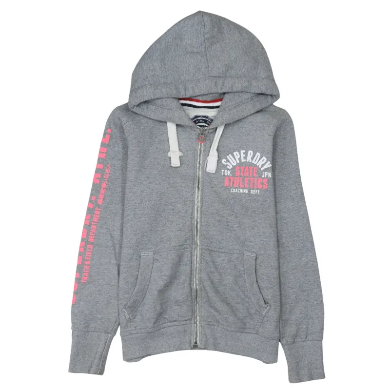 Superdry Grey Zip Hoodie Men's Small Printed Chest Logo Sleeve Print Fleece Sweatshirt sold by Vintage Club