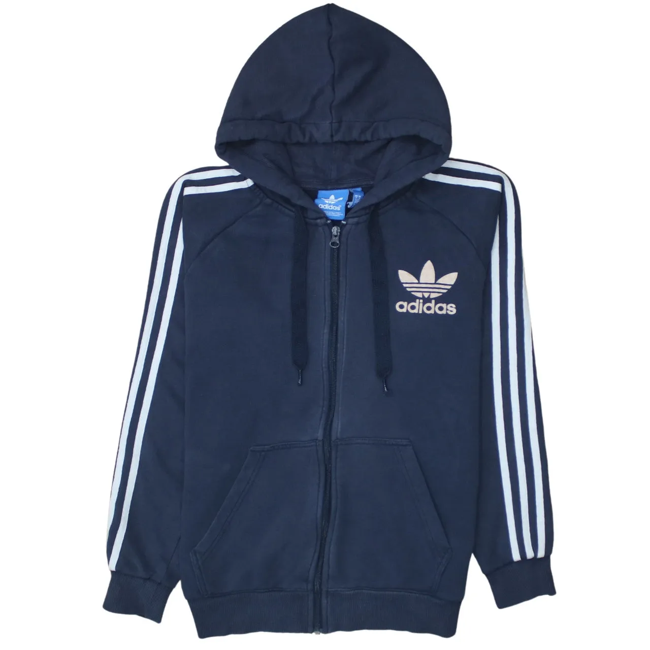 Adidas 90's Striped Sleeve Full Zip Up Hoodie Medium Navy Blue sold by Vintage Club