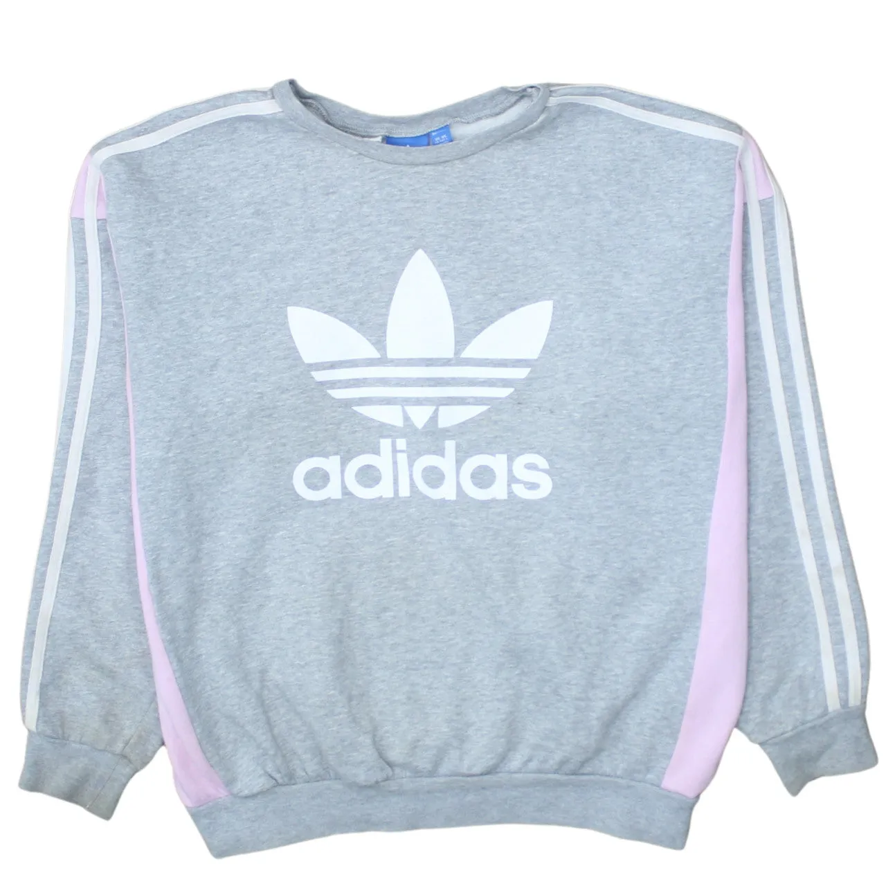 Adidas Grey Pink Sweatshirt Women's Large Trefoil Printed Logo Three Stripe Pullover Top sold by Vintage Club