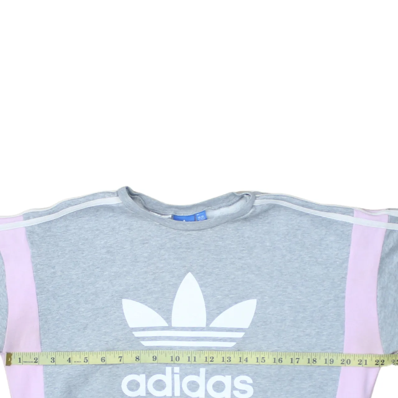 Adidas Grey Pink Sweatshirt Women's Large Trefoil Printed Logo Three Stripe Pullover Top sold by Vintage Club product image thumbnail 5