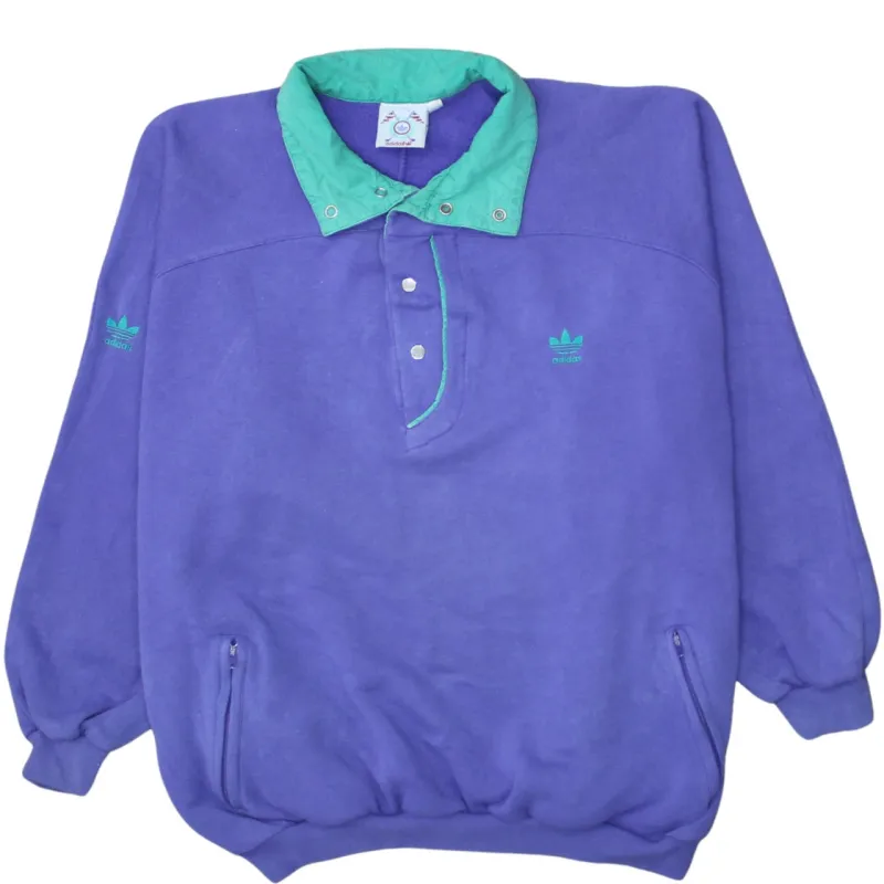 Adidas Purple Green Sweatshirt Men's Large Snap Collar Embroidered Trefoil Logo Pockets Pullover made by Adidas
