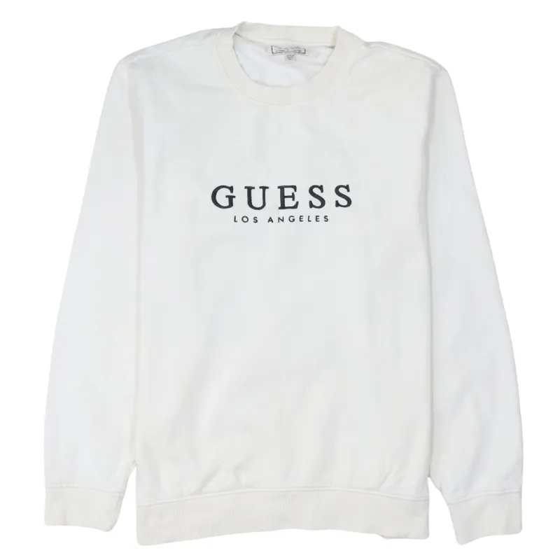 Guess White Sweatshirt Women's XLarge Printed Logo Crewneck Ribbed Cuffs Pullover Top made by Guess