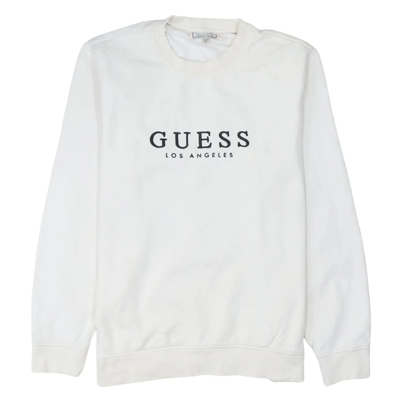 Guess White Sweatshirt Women's XLarge Printed Logo Crewneck Ribbed Cuffs Pullover Top sold by Vintage Club