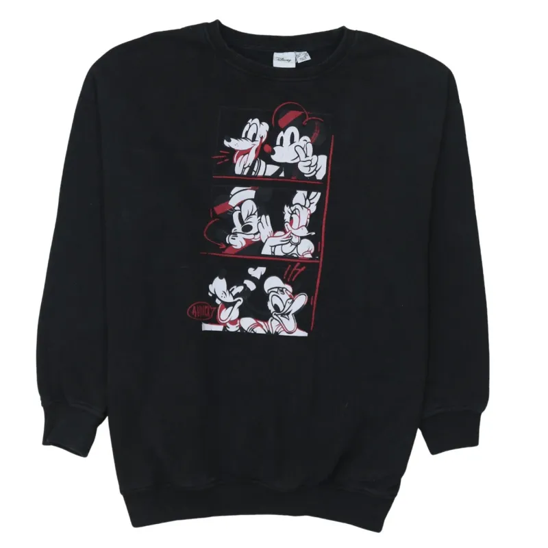 Disney Black Sweatshirt Women’s XSmall Printed Mickey Goofy Donald Crewneck Pullover Fleece Top made by Disney