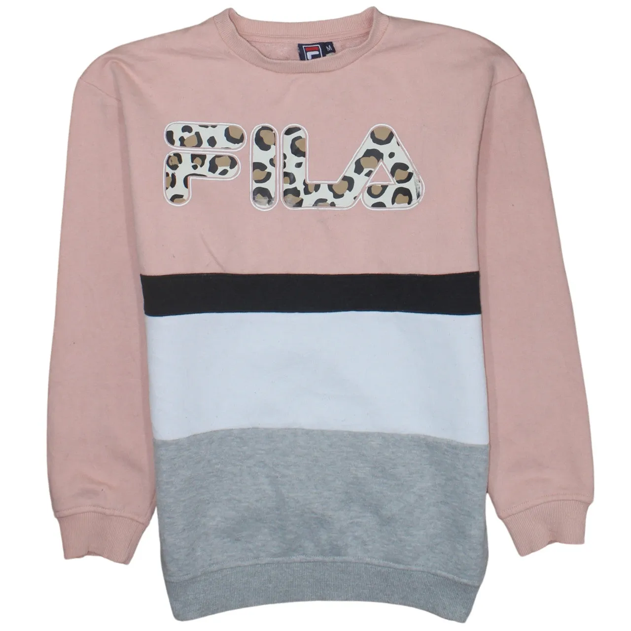 Fila Pink Colour Block Sweatshirt Women's Medium Leopard Logo Crewneck Pullover Jumper sold by Vintage Club