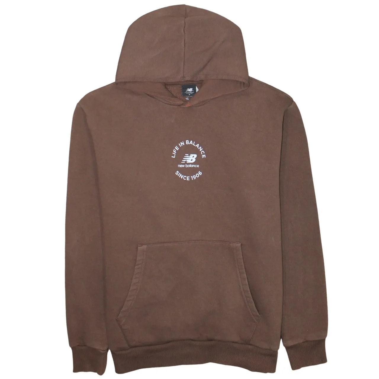 New Balance Brown Hoodie Men's Small Printed Chest Logo Front Pocket Pullover Sweatshirt sold by Vintage Club