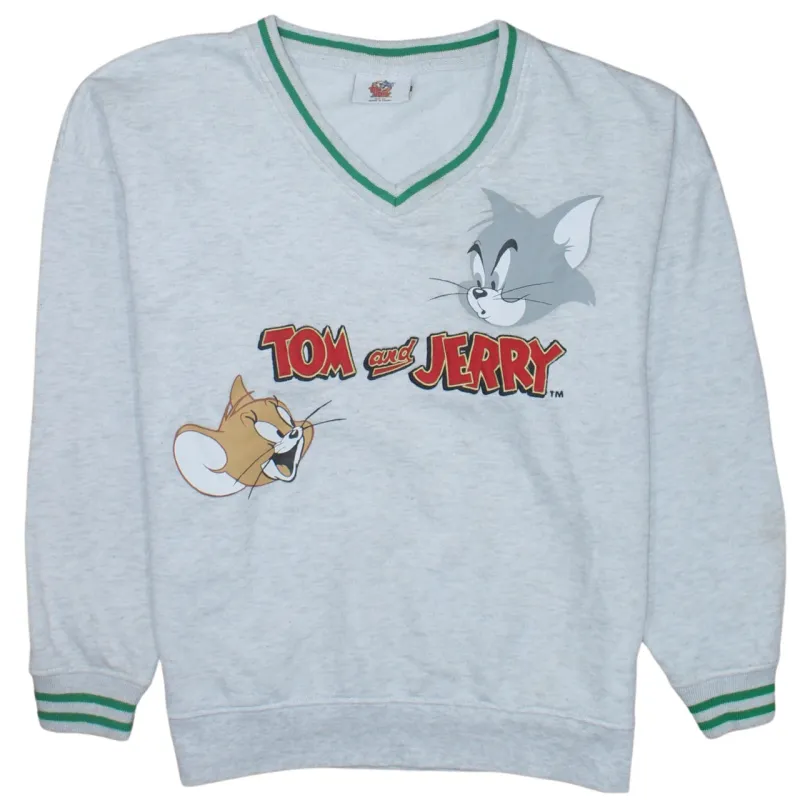 Tom Jerry Light Grey Sweatshirt Women’s XSmall Printed Tom And Jerry Graphic V Neck Pullover Jumper made by Vintage Club