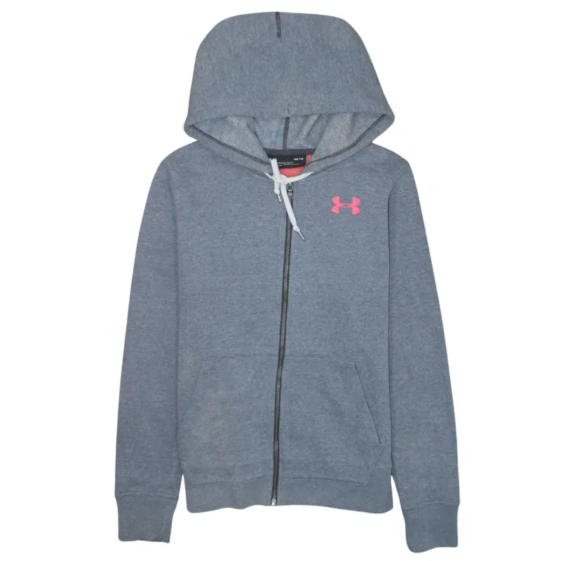 Under Armour Grey Zip Hoodie Women’s Medium Pink Logo Drawstring Hood Split Pocket Sweatshirt sold by Vintage Club