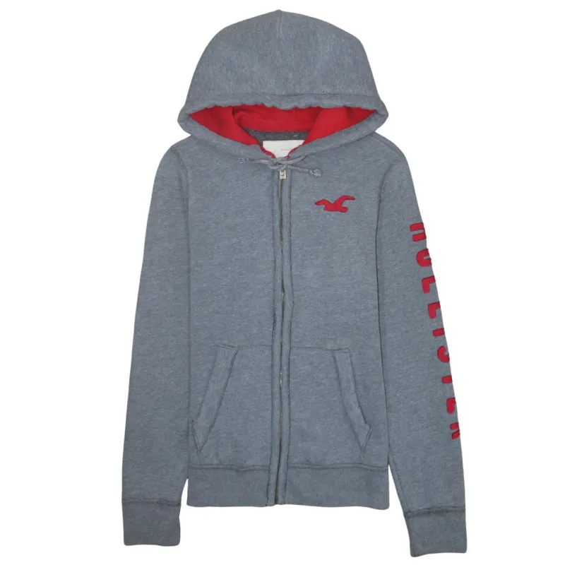 Hollister Grey Zip Hoodie Women’s Medium Embroidered Logo Sleeve Script Pockets Sweatshirt made by Hollister
